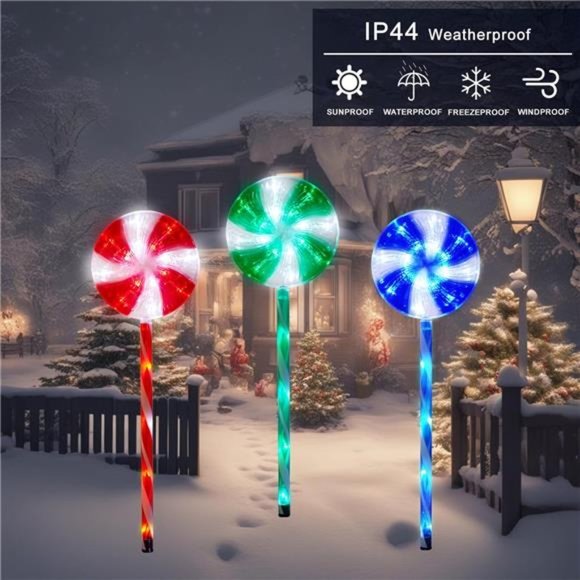 27" Set of 3 Lollipops Peppermint Stake Lights, Candy Cane Lights with 8 Modes - Picture 3 of 7